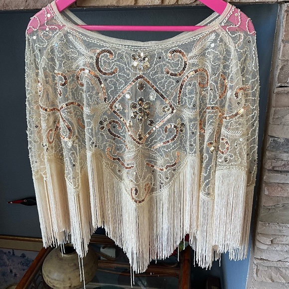 Vintage Accessories - Vintage Bridal Lace Fringe Sequin Wedding Festival Wrap Cape Cream Gold OS